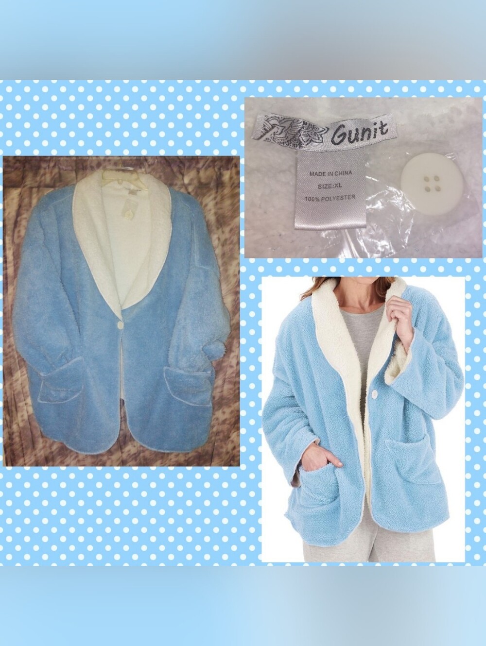 Gunit Lt Blue/White Reversible Sherpa Fleece Soft Knit Bed Jacket/House Coat 1X